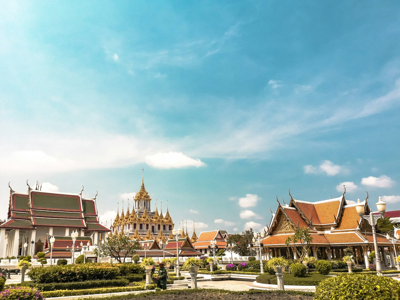 Ornate temple roofs in daylight, Bangkok