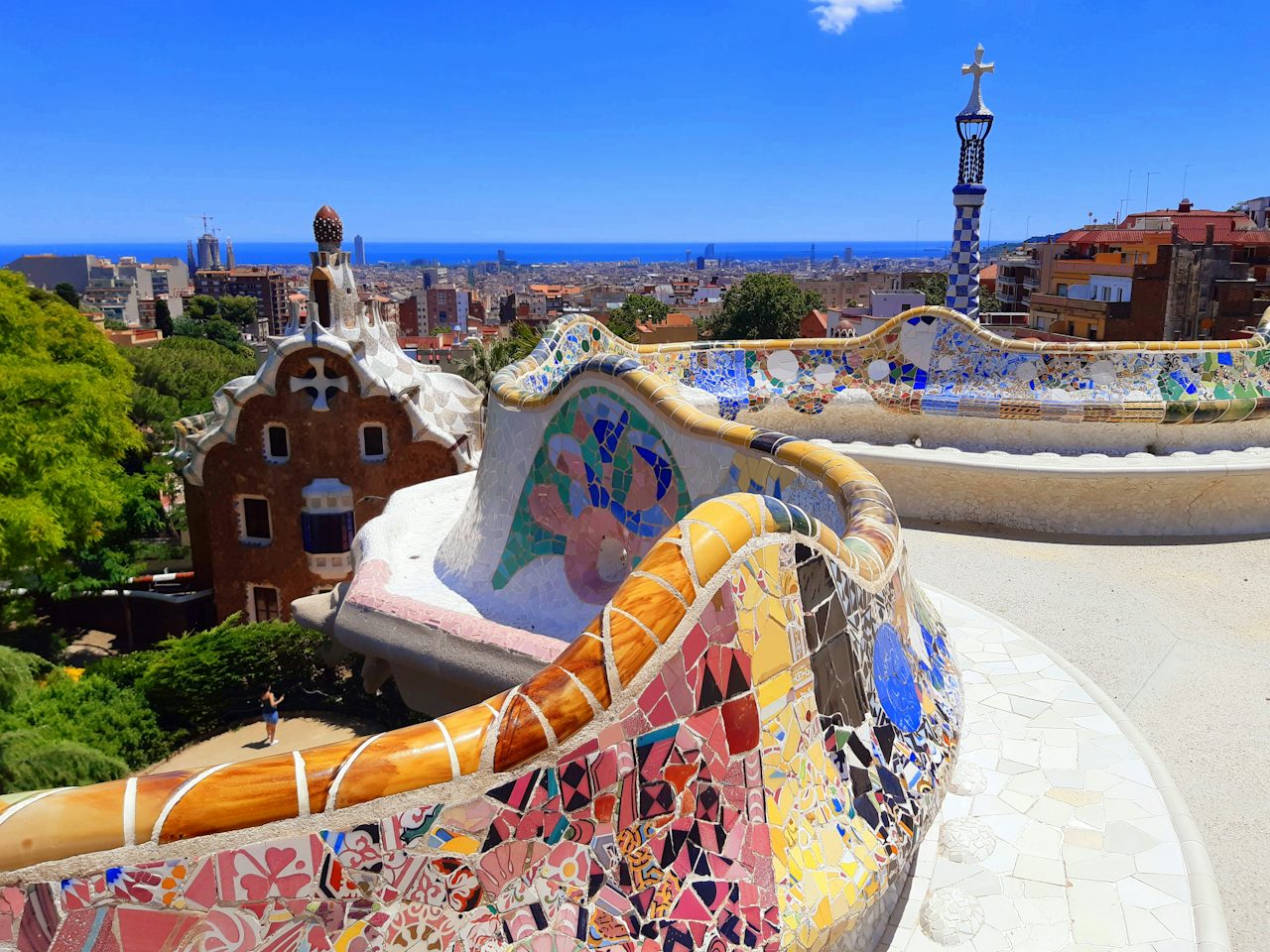 The mosaic bench at Park Guell above the city, Barcelona