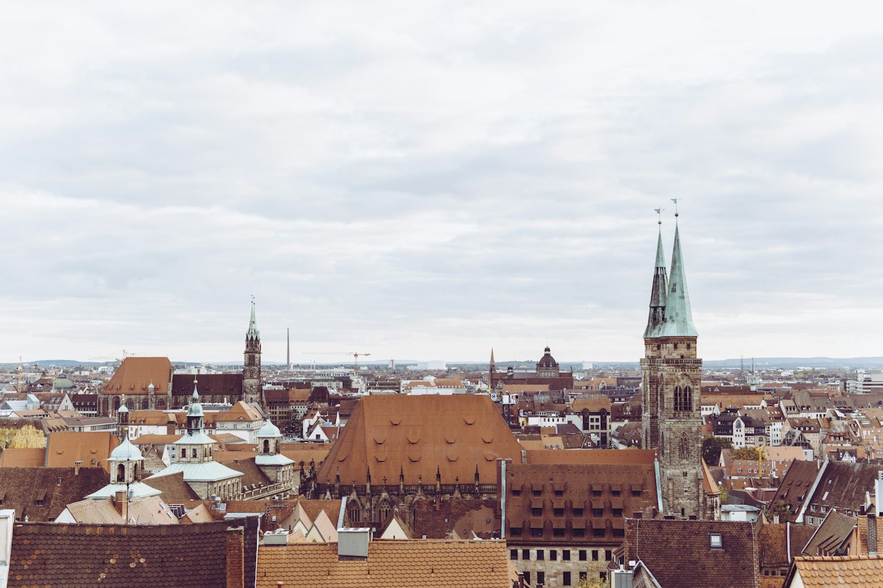 Half-timbered houses and a medieval tower in the old town, Nuremberg