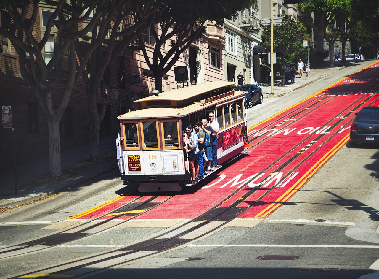 A cable car on a hilly street, San Francisco